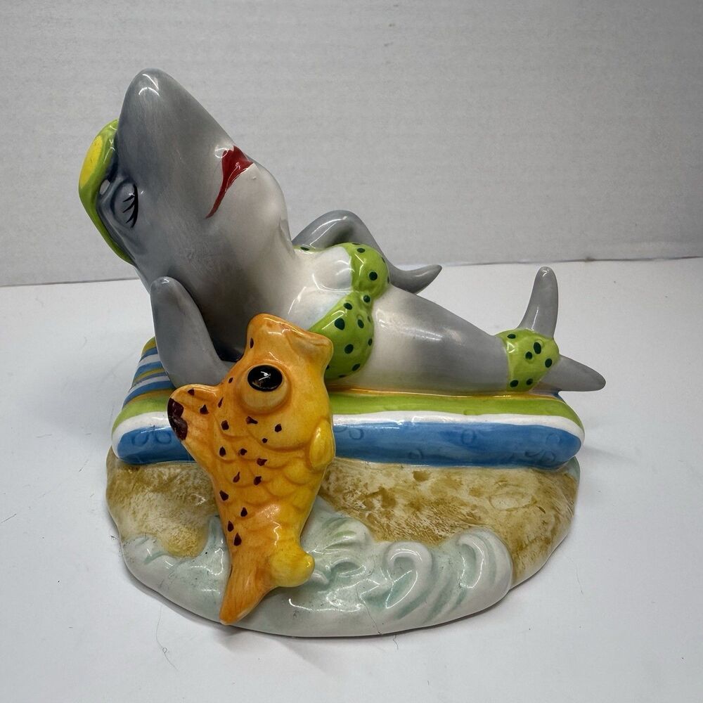 Appletree Designs Porcelain Laying Shark In Bikini On Beach With Fish Figurine